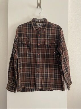 Lost Grom Surf -All Cotton Plaid Flannel Long Sleeve Button Up Shirt Brown NWOT